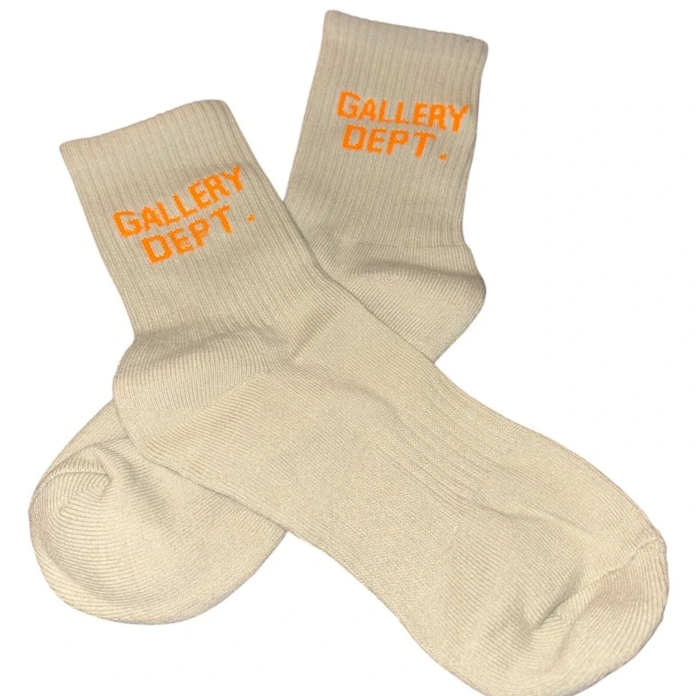 Gallery Dept Beige Woven Socks Orange Logo Crew Womens Small 4-6.5 One Pair NWOT